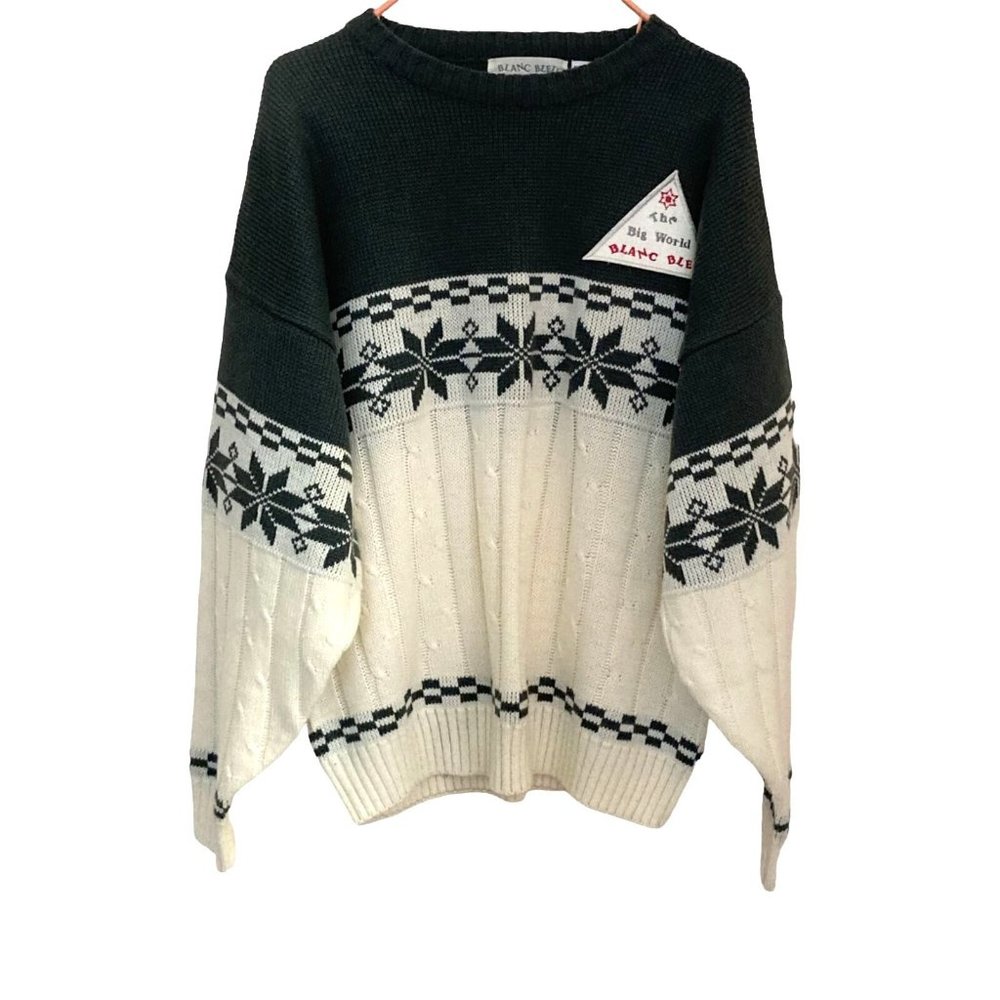Blanc Blue Wool Blend Olive Green And White Sweater Men's Size M/L Snowflakes
